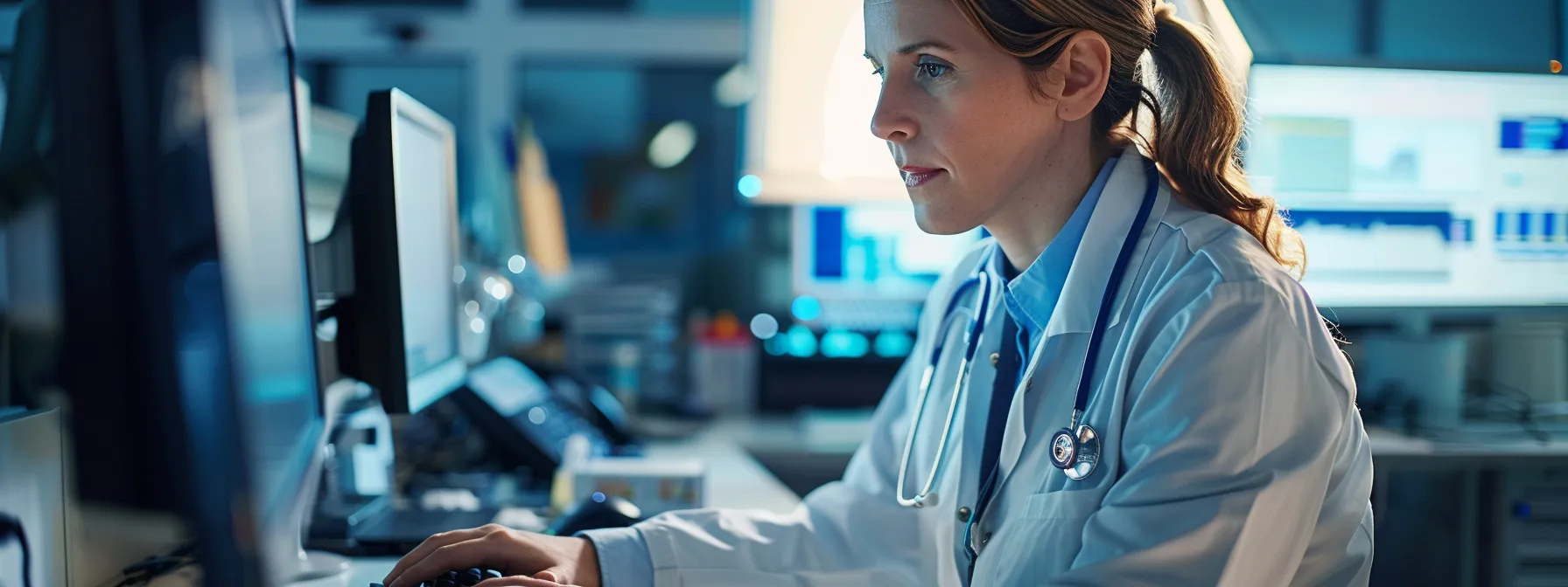 a medical professional using a computer tied to an anchor while comparing ai scribes and human scribes in a clinical setting.