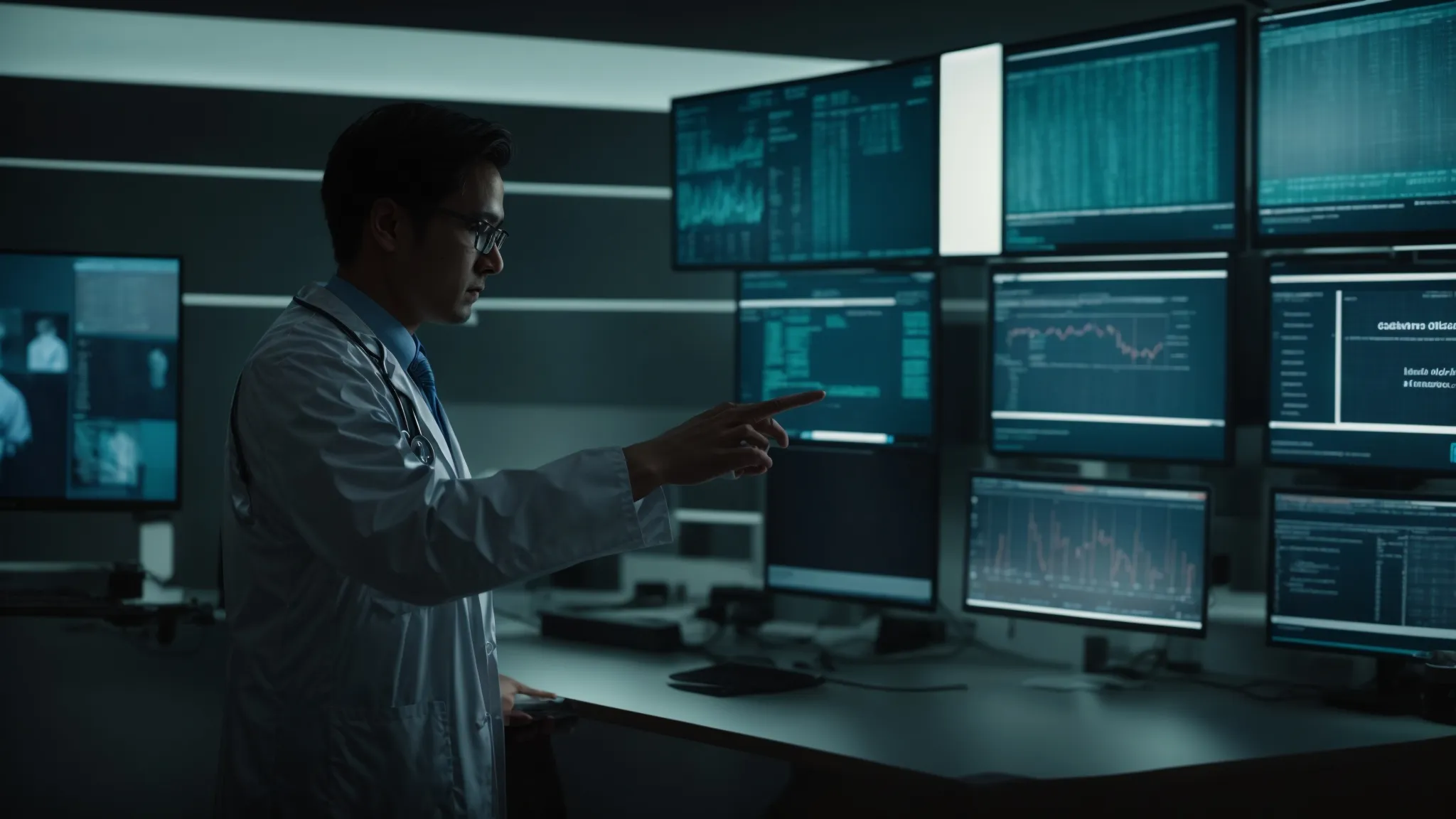 Doctor analyzing medical data on computer screens, AI medical scribes comparison.