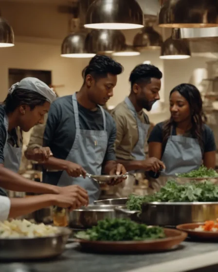Group of people gathered around a kitchen counter cooking and preparing food.