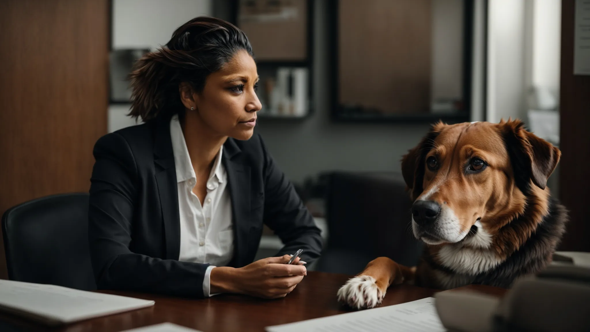 Concerned dog owner consulting with attorney regarding dog bite incident.