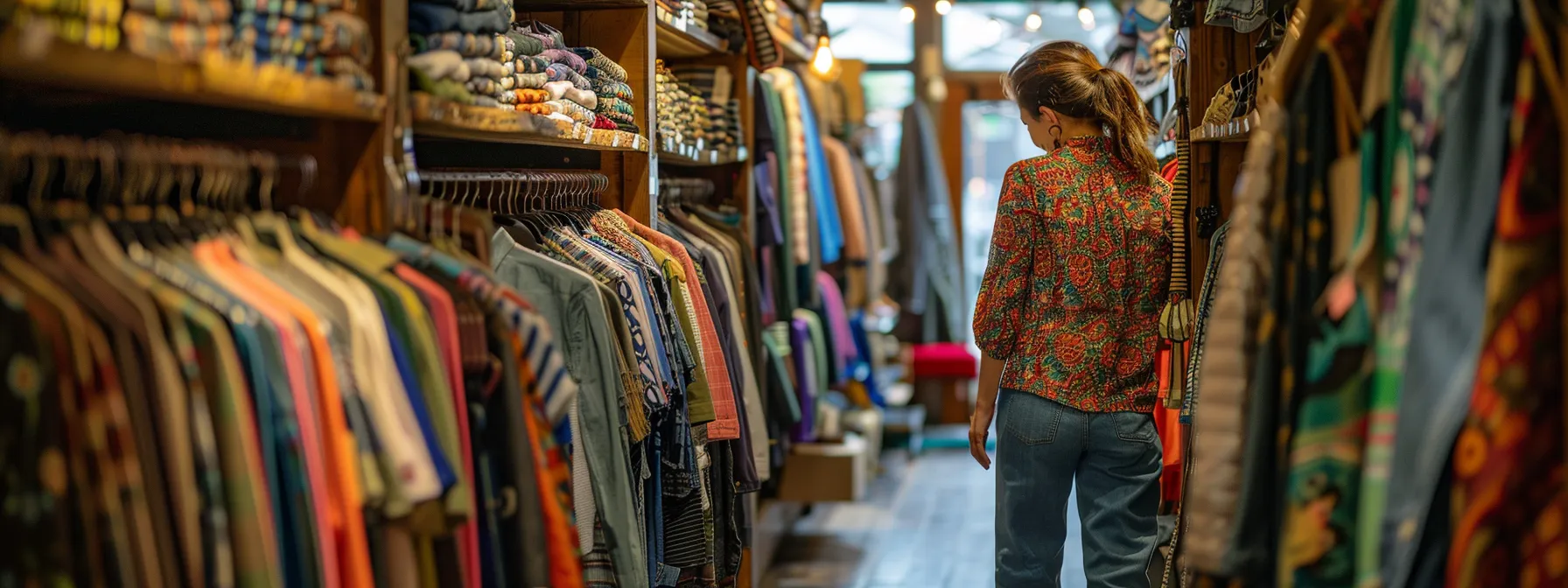 Woman browsing racks of curvy pants and clothing in a boutique store.