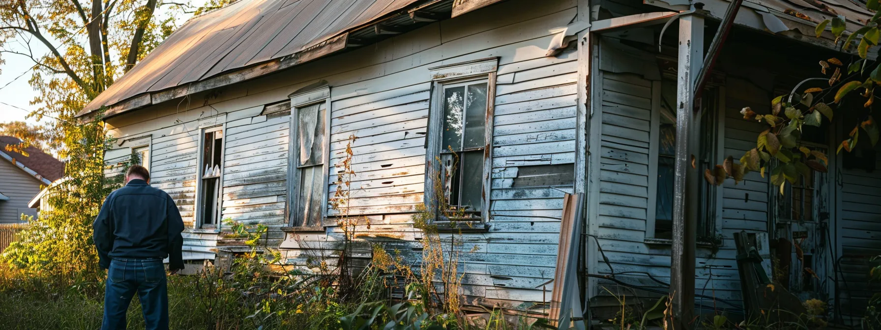Dilapidated fixer-upper house with broken windows and weathered siding, potential renovation project.