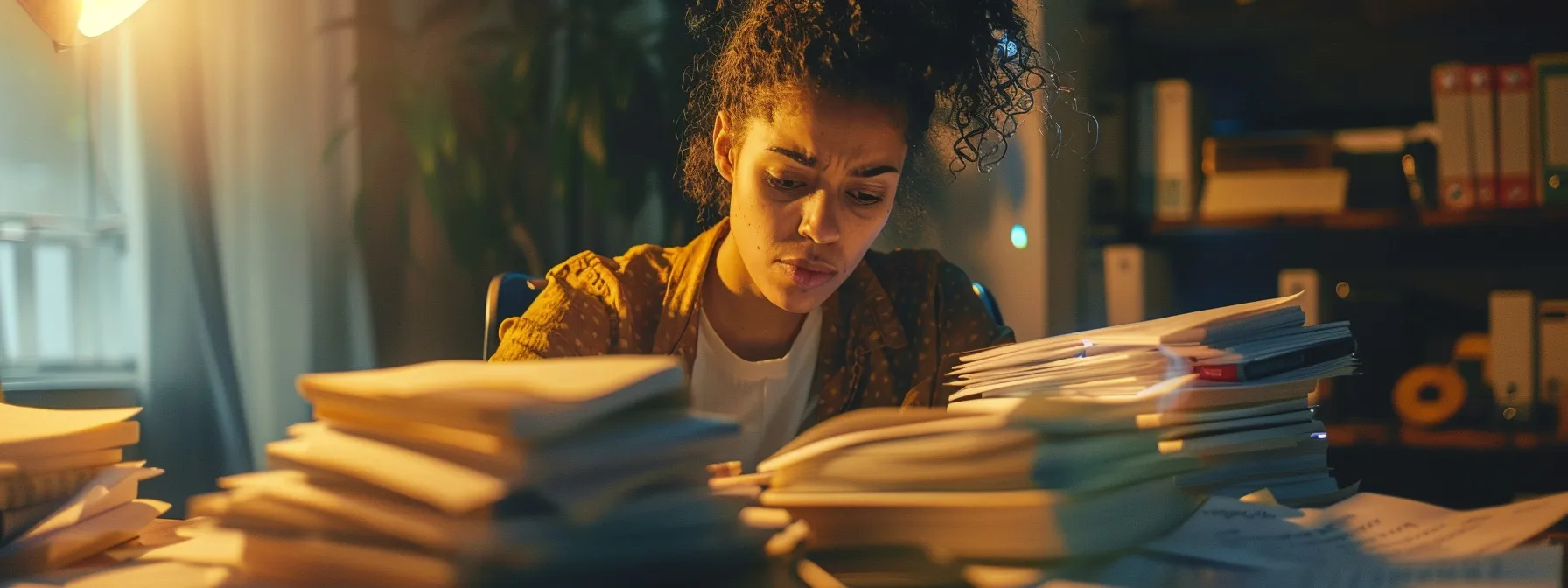 Woman reviewing legal documents and paperwork, illustrating legal consultation and case assessment.