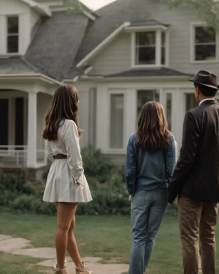 Young couple consulting a real estate agent in front of a house