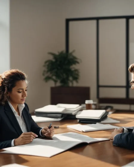 Professional lawyer and client meeting discussing legal representation and personal injury cases.