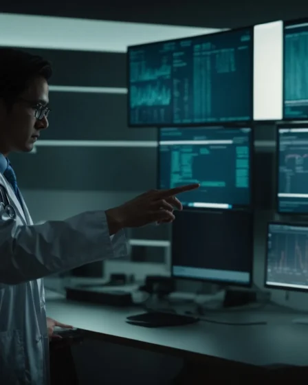 Doctor examining computer screens displaying medical data and AI applications.