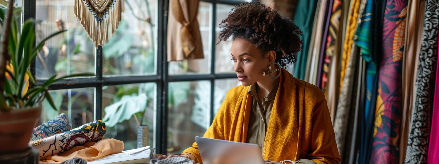 Woman shopping for special occasion dresses online, browsing laptop near patterned fabrics and window.