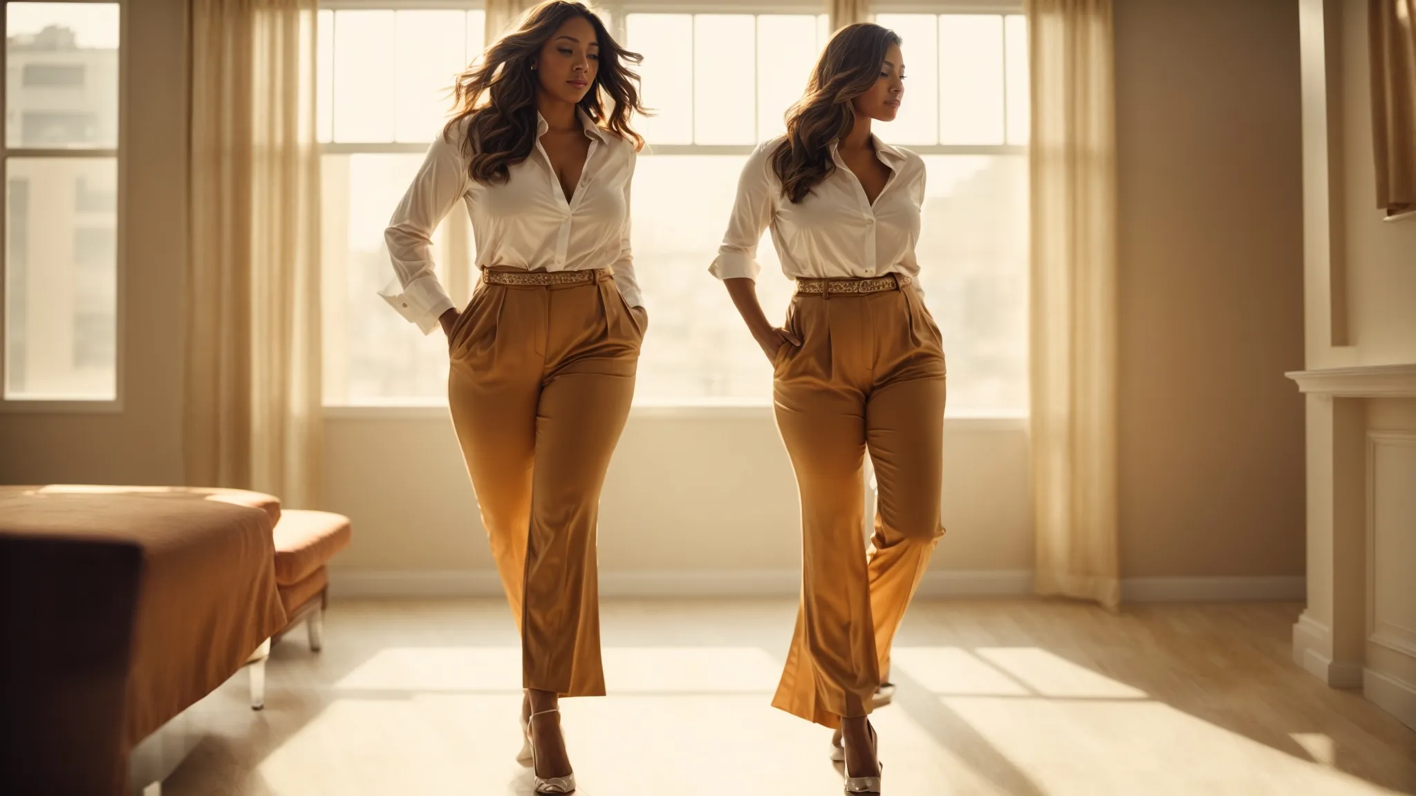 Confident woman strides across room showcasing stylish curvy pants and elevated closet.
