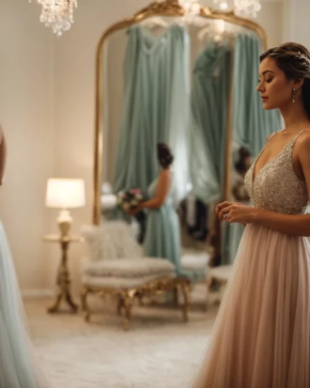 Woman gracefully trying on a flowing dress for a special occasion.