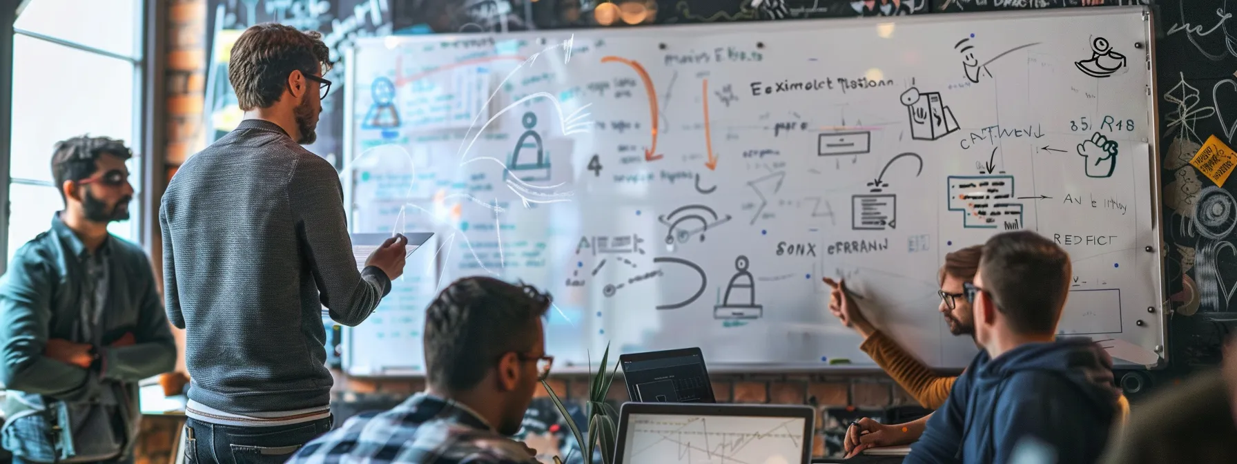 Developers discussing PHP enum implementation and extending functionality on whiteboard.