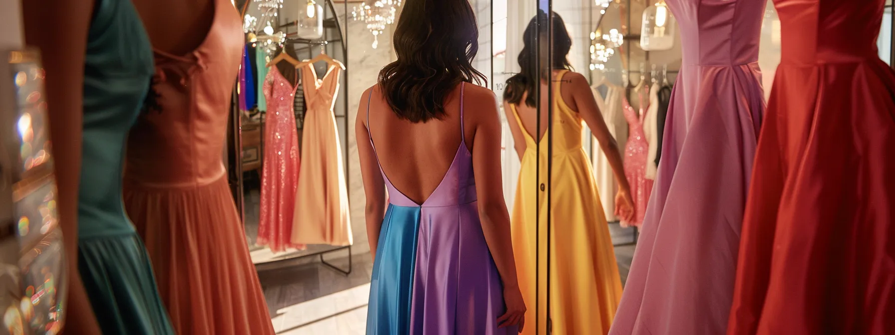 Woman browsing special occasion dresses in a boutique, various dress styles and colors.