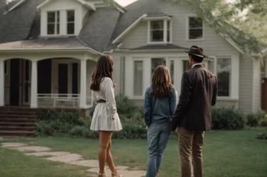 a young couple consults a real estate agent in front of a dated house needing renovations.
